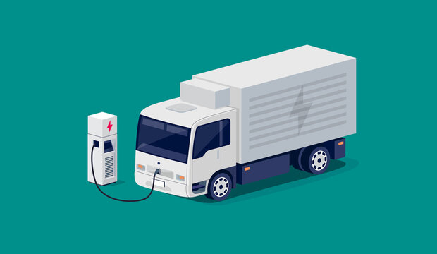Isometric white electric city box straight truck charging parking at the charger station with a plug in cable. Vector illustration of light refrigeration utility vehicle. Electrified transport future.