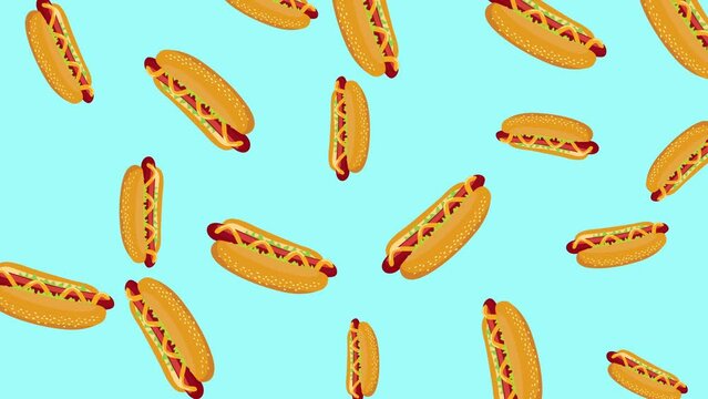 Minimal motion design animation. Hotdogs falling and rotating at color background. Abstract graphics in trendy colors and style. Seamless looping animation.
