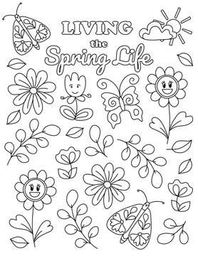 Positive, Inspirational Hand drawn coloring pages for kids and adults. Beautiful drawings with patterns and details. Coloring book pictures with blooming branches, flowers, smile, stickers, quotes