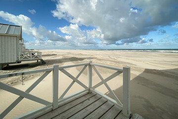 Beach huts at North Sea beach in Kijkduin, Netherlands