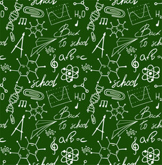 Vector seamless pattern with hand drawn school symbols. Physics, chemistry, biology. Science elements are drawn with a line. Background for children and students	