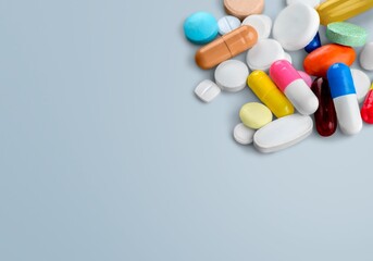 Pile of tablets in blister packs. Package. Pharmacy and medicine concept.