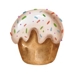 Hand Drawing Watercolor Vintage easter Cake Kulich isolated on white background. Use for poster, card, invitation, celebration, festive, stickers, print, fabric, design