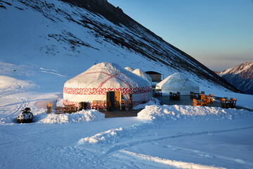 Yurt nomadic house hotel complex in Kazakhstan Mountains - obrazy, fototapety, plakaty