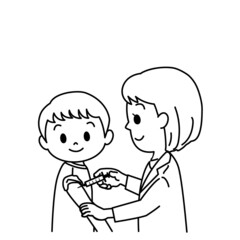 イラスト素材：5～11歳小児への新型コロナワクチン接種開始（小児接種/笑顔/主線あり/白黒）
