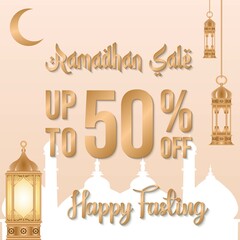Ramadan sale poster promotion, Special offer up to 50% off with crescent moon, lantern, and landscape mosque. Islamic Background. Vector Illustration.