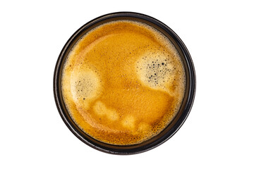 espresso coffee in a black cup on a white background top view