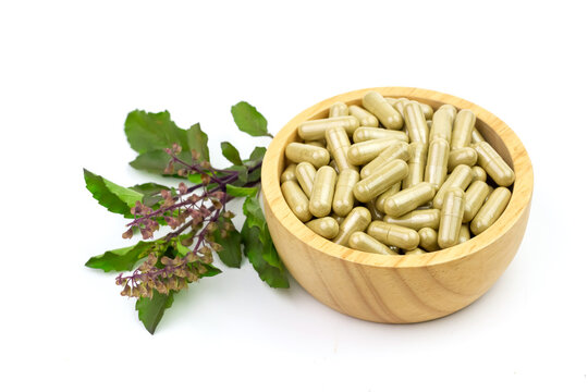 Capsule of Holy basil on wooden bowl isolated on white background. Holy basil leaf are useful herbs. 