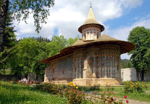 Voronets Monastery, Suceava County, Moldavia, Romania: One of the famous painted churches of Moldavia. This is the Saint George Church with colorful medieval frescos.