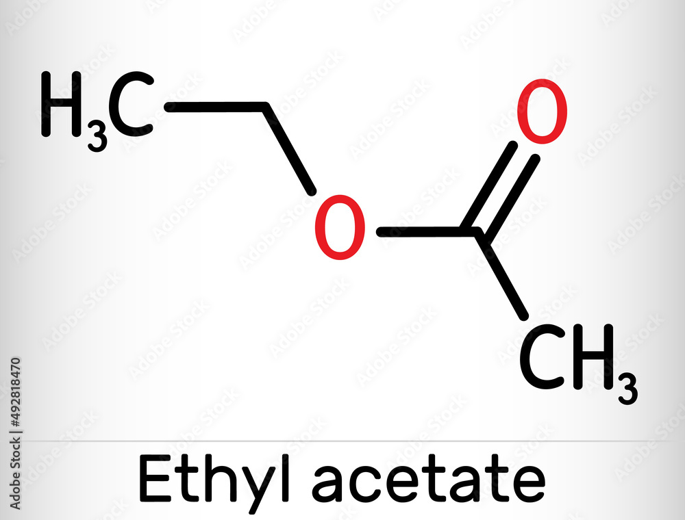 Sticker Ethyl acetate, ethyl ethanoate, C4H8O2 molecule. It is acetate ester formed between acetic acid and ethanol. Skeletal chemical formula