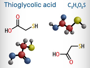 Thioglycolic acid, TGA, mercaptoacetic acid molecule. It is sulfur-containing carboxylic acid, used to make permanent wave solutions, depilatories. Structural formula, molecule model.