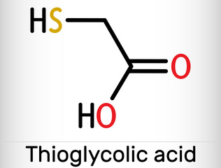 Thioglycolic acid, TGA, mercaptoacetic acid molecule. It is sulfur-containing carboxylic acid, used to make permanent wave solutions, depilatories. Skeletal chemical formula