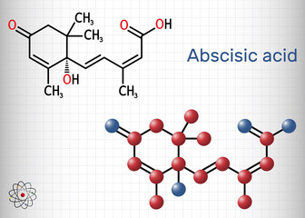Abscisic acid, ABA  molecule. It is dormin, plant hormone. Structural formula, molecule model. Sheet of paper in a cage