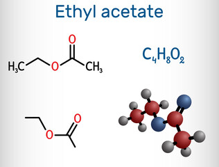 Ethyl acetate, ethyl ethanoate, C4H8O2 molecule. It is acetate ester formed between acetic acid and ethanol. Structural chemical formula and molecule model