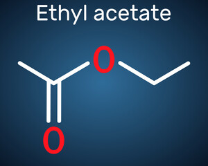 Ethyl acetate, ethyl ethanoate, C4H8O2 molecule. It is acetate ester formed between acetic acid and ethanol. Structural chemical formula on the dark blue background