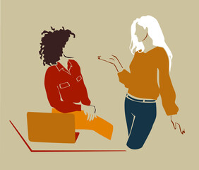 Abstract portrait of two women talking in the office. Office workers. 
