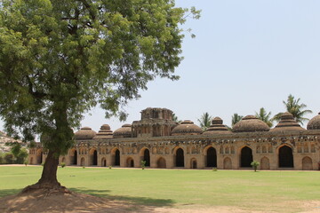 Fototapeta premium Holy temple in India with a huge tree in the front an meadow on the ground 