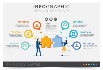Infographic jigsaw and cooperation in business work, partnership and teamwork, work plan, business data, icon set