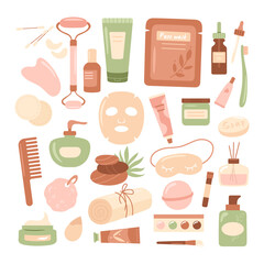 Skin care products. Vector set of hygiene beauty products with herbal creams, oil, lotion, face mask, makeup tools, towel, bath accessories. Natural organic cosmetics. Cleansing and moisturizing