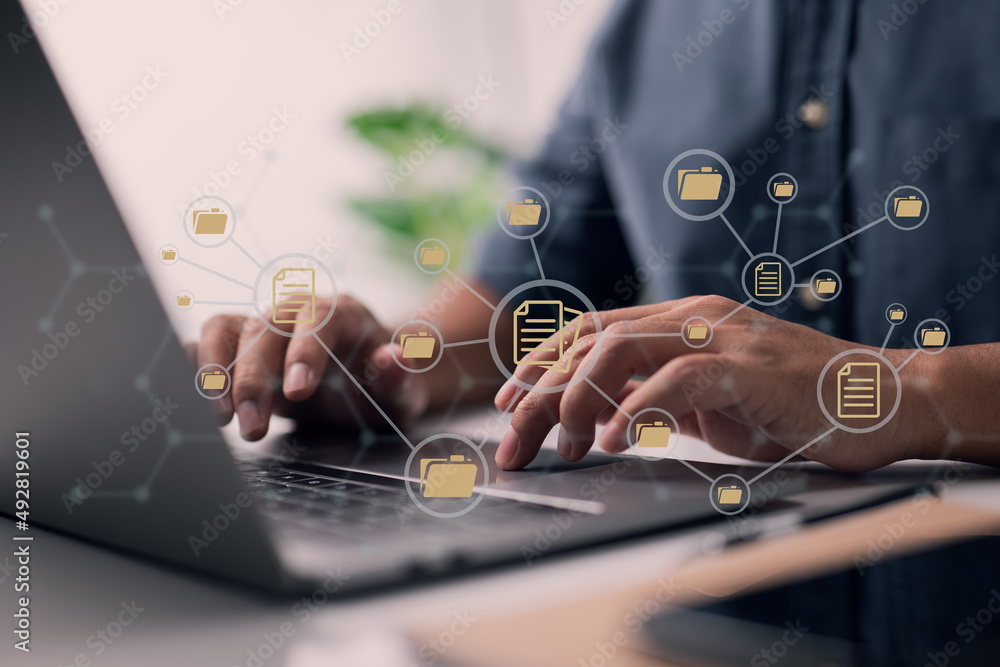 Poster Document Management System, or DMS for short. A laptop is being used by an IT consultant. Theoretical Model of the Internet. Information file management and archiving automation software.