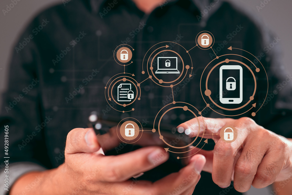 Poster concept of personal data protection with a mobile phone.