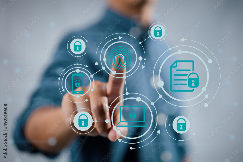 Poster Data privacy concept with a businessman scan fingerprint biometric identity
