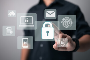 Naklejka premium Businessman touch a padlock. Concept of internet network security