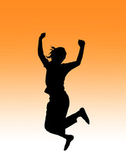 Fototapeta na wymiar silhouette of Asian woman dancing, jumping, exercising, arms and legs, body traces, white background and orange, Clipping Paths is on, ready to use. Easy to cut and use