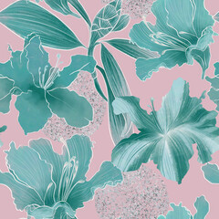 Seamless trendy patterns with teal turquoise azalea and rhododendron flowers. Beautiful cool monocolor pattern in cool gentle teal green tones. Design for fabric, graphics, wallpapers, textiles.