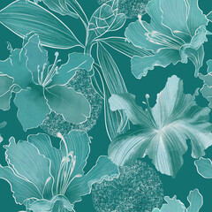 Seamless trendy patterns with teal turquoise azalea and rhododendron flowers. Beautiful cool monocolor pattern in cool gentle teal green tones. Design for fabric, graphics, wallpapers, textiles.