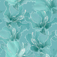 Seamless trendy patterns with teal turquoise azalea and rhododendron flowers. Beautiful cool monocolor pattern in cool gentle teal green tones. Design for fabric, graphics, wallpapers, textiles.