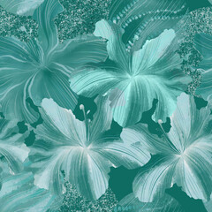 Seamless trendy patterns with teal turquoise azalea and rhododendron flowers. Beautiful cool monocolor pattern in cool gentle teal green tones. Design for fabric, graphics, wallpapers, textiles.