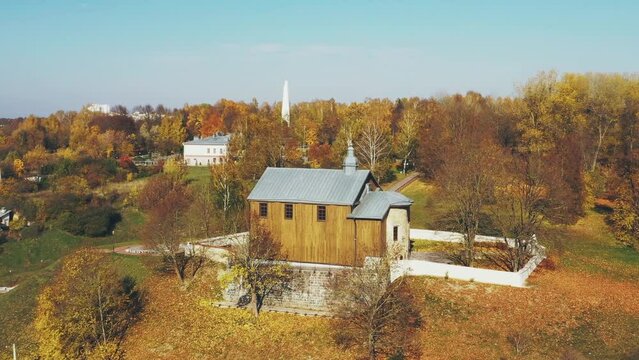 Grodno, Belarus. Aerial Bird's-eye View Of Hrodna Cityscape Skyline. Kalozha Church In Sunny Autumn Day. Church of Sts. Boris and Gleb