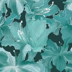Seamless trendy patterns with teal turquoise azalea and rhododendron flowers. Beautiful cool monocolor pattern in cool gentle teal green tones. Design for fabric, graphics, wallpapers, textiles.