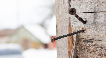 Rusty nails and old wood fence close-up view. Vintage and retro background and backdrop photo