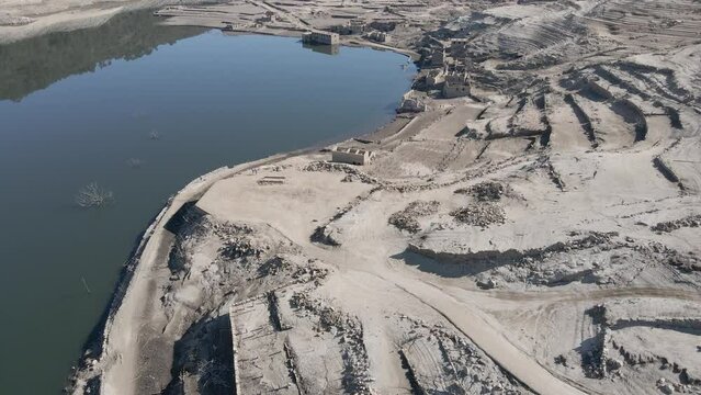 Aerial panoramic view of desolate and deserted shores of Aceredo ancient village, Galicia in Spain