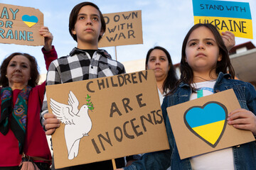 Child activists and others demonstrating against the invasion of Russian troops in Ukraine....