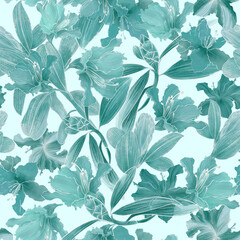 Seamless trendy patterns with teal turquoise azalea and rhododendron flowers. Beautiful cool monocolor pattern in cool gentle teal green tones. Design for fabric, graphics, wallpapers, textiles.