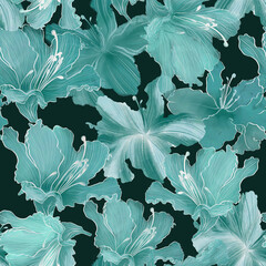 Seamless trendy patterns with teal turquoise azalea and rhododendron flowers. Beautiful cool monocolor pattern in cool gentle teal green tones. Design for fabric, graphics, wallpapers, textiles.