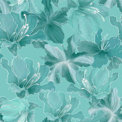 Seamless trendy patterns with teal turquoise azalea and rhododendron flowers. Beautiful cool monocolor pattern in cool gentle teal green tones. Design for fabric, graphics, wallpapers, textiles.