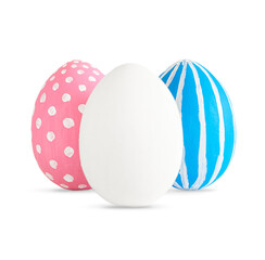 Hand painted colored Easter eggs decorated white lines and dots isolated on white. Colored easter eggs on white background