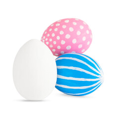 Hand painted blue, pink and white Easter eggs decorated white lines and dots isolated on white. Colored easter eggs on white background
