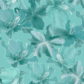 Seamless trendy patterns with teal turquoise azalea and rhododendron flowers. Beautiful cool monocolor pattern in cool gentle teal green tones. Design for fabric, graphics, wallpapers, textiles.