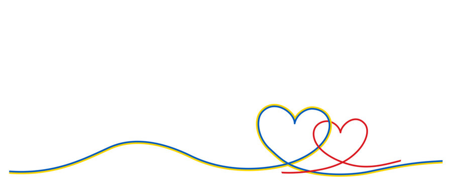 Dwie wstążki układające się w serduszko. Ż&oacute;łta i niebieska wstążka w kolorze flagi Ukrainy.
