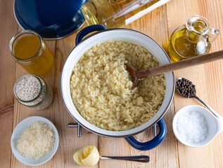 Risotto ingredients on kitchen table