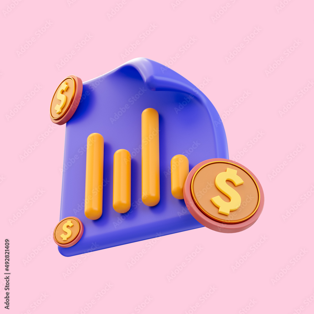 Poster document chart dollar icon 3d render concept for process of rate currency diagram and reports profit