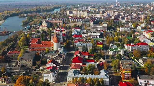 Pinsk, Brest Region, Belarus. Pinsk Cityscape Skyline In Autumn Morning. Bird's-eye View Of Cathedral Of Name Of The Blessed Virgin Mary And Monastery Of The Greyfriars. Famous Historic Landmarks.