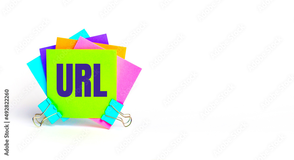 Poster there are bright multi-colored stickers with the text url uniform resource locator. copy space