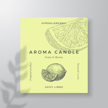 Aroma candle vector label template Lime scent from local purveyors advert design Ink style sketch background layout decor. Natural smell product package text space