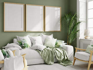 Three vertical frames mockup in modern living room interior, poster mockup, 3d render